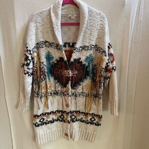 Bar III‎ Women's Cardigan Button up Sweater Fringe Native Aztec Detail Size S